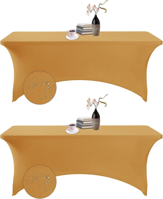 2Pack Spandex Waterproof Table Covers 6ft，Spandex 6ft Waterproof Table Cover for Party,Wedding, Banquet, and Events(Gold)