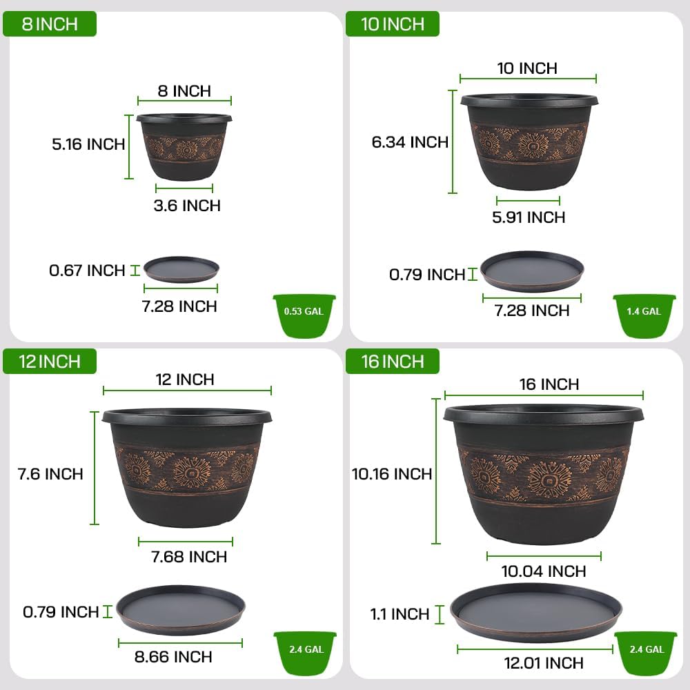 6 Pack 8 inch Plant Pots, Retro Pattern Planters with Drainage Holes and Saucer, Sturdy Plastic Garden Flower Pots for Indoor & Outdoor Plants