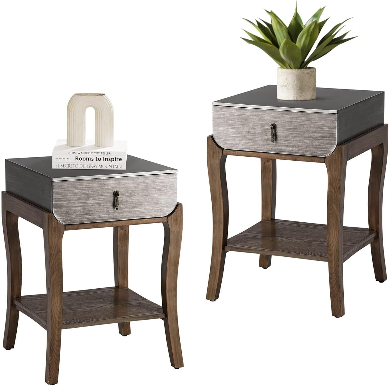 COSIEST Set of 2 Rustic Nightstand, 2-Tier Farmhouse Bedside Table, Wood Accent End Table with Storage Drawer and Open Display Shelf for Bedroom Nursery Living Room (Walnut & Silver)