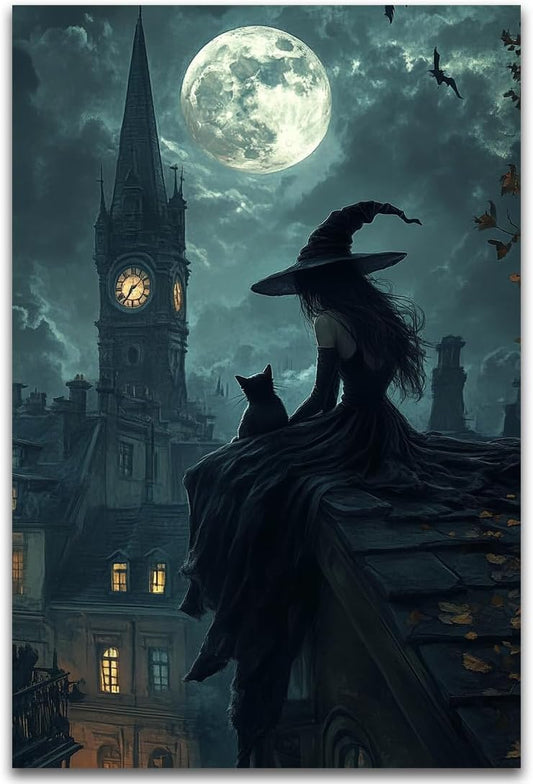 Halloween Witch Black Cat Wall Art,Magical Moon Witch on Roof with Black Cat at Night Scene Painting Haunting Dark Witches Canvas Print for Haunted House Party Decor Poster,24"x36" Unframed