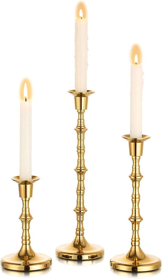 Gold Taper Candlestick Holders Set of 3 – Vintage Brass Candle Holders for Table & Fireplace Decor