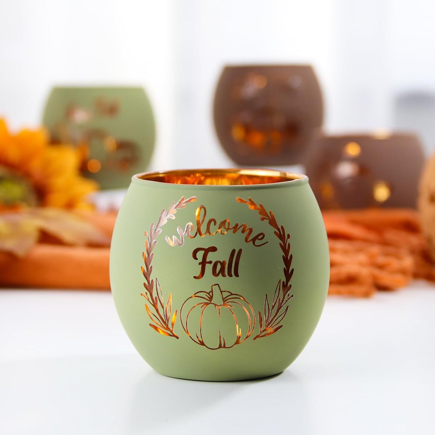 Fall Table Centerpiece Decorations Set of 12 Glass Votive Tealight Candle Holder for Wedding, Party, Thanksgiving, Fall Decor for Indoor and Outdoor