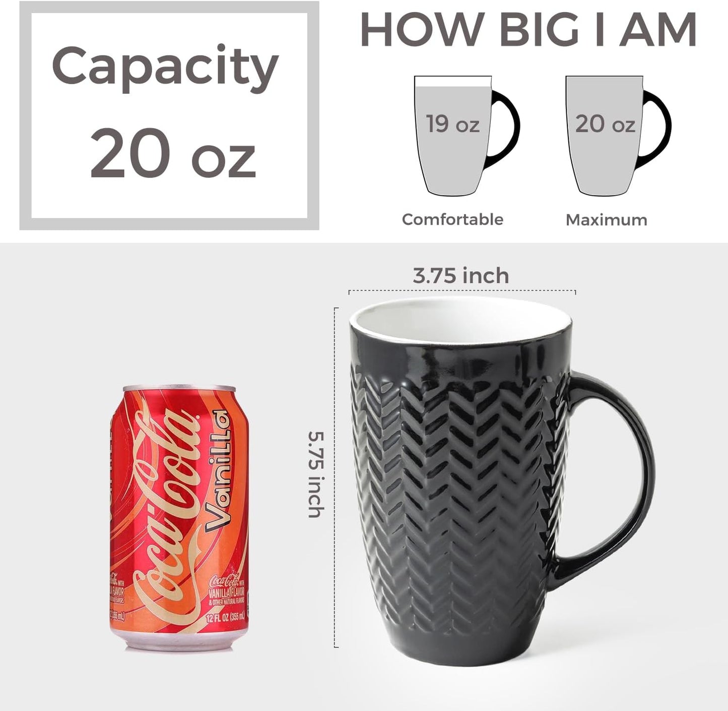 AmorArc Large Coffee Mugs Set of 6, 20oz Ceramic Tall Coffee Mugs Set with Textured Geometric Patterns for Latte/Tea/Beer/Hot Cocoa, Dishwasher & Microwave Safe, Multi