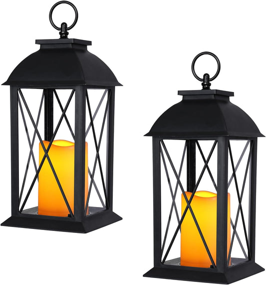 2-Pack 13-Inch Black Decorative Lantern with LED Candle, Battery-Operated, Indoor & Outdoor Use
