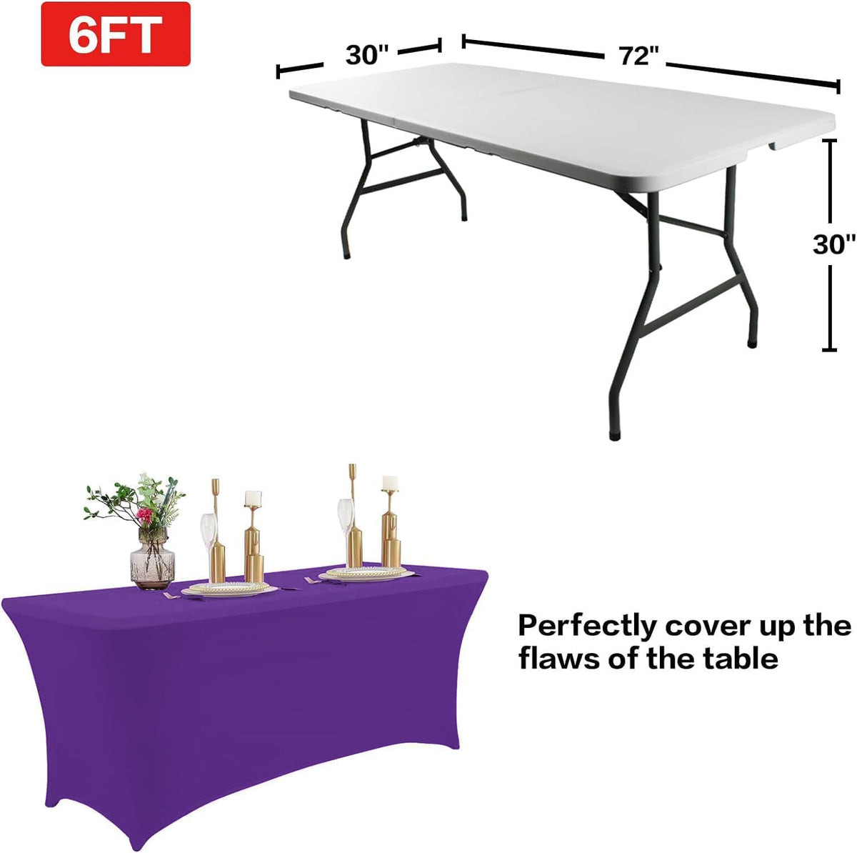 IVAPUPU 6FT Table Cloth for Rectangular Fitted Events Stretch Purple Washable Table Cover Spandex Tablecloth Protector for Party, Wedding, Cocktail, Banquet, Festival