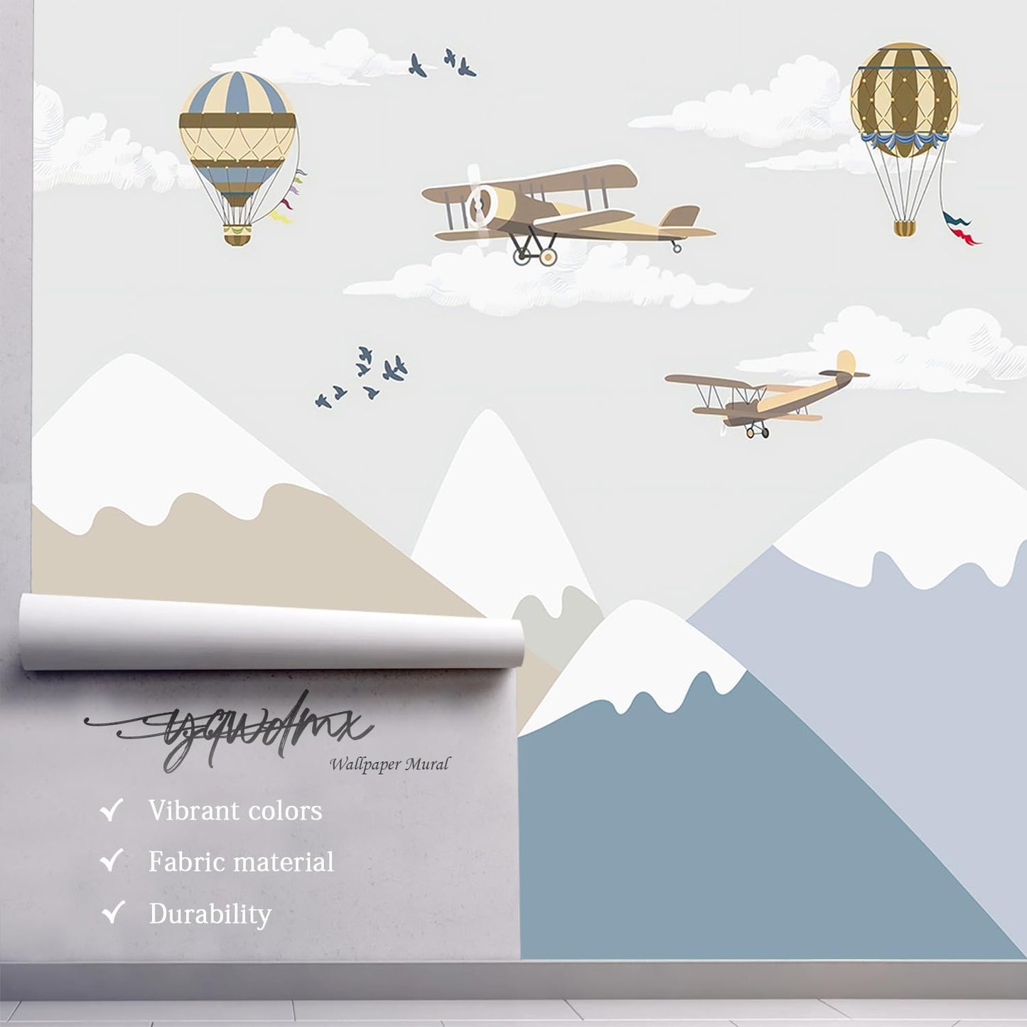 -Children's Room Cartoon Balloon Mountain Fabric Wallpaper Nursery Mural 180" x 115" (Not Peel and Stick)