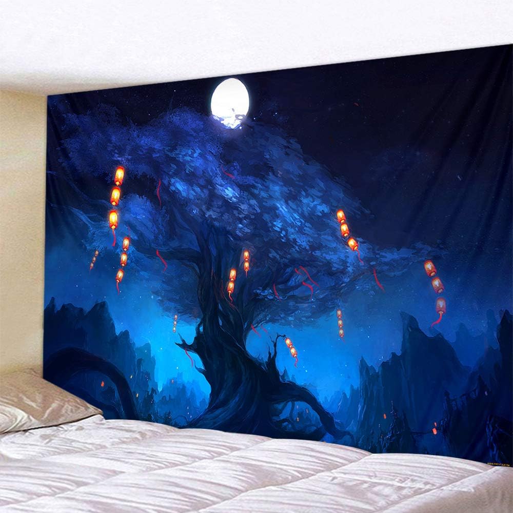 Forest Landscape Tapestry for Living Room & Bedroom - Magic Tapestry (Lanterns Hanging on The Tree, 90.5''L70.8''W)