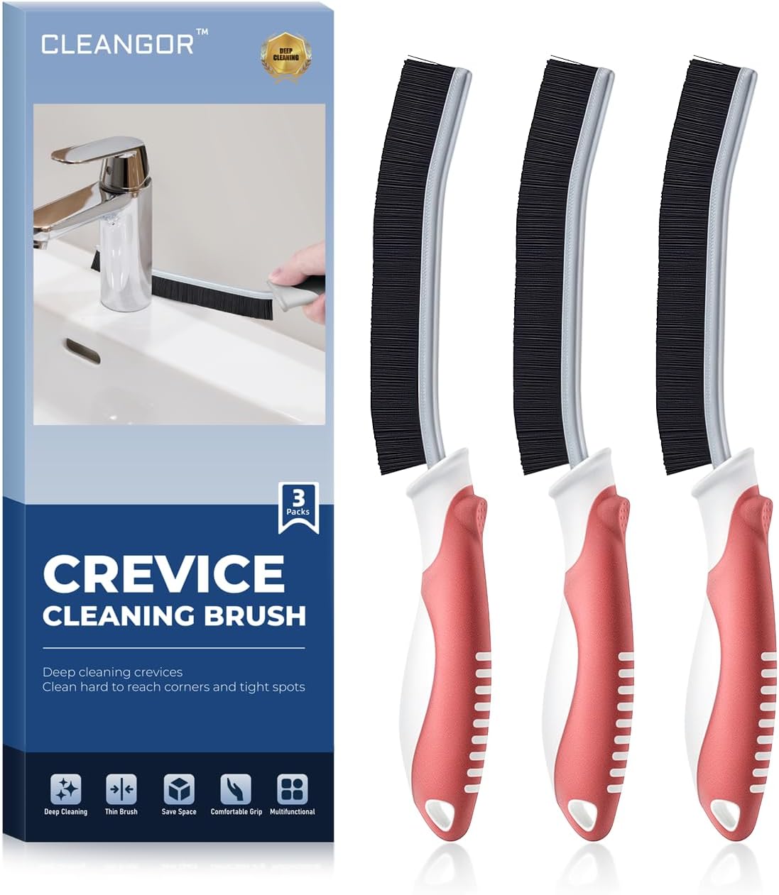 Crevice Cleaning Brushes, Scrub Brush for Hard to Reach Small Space, Home Essentials, Cleaning Supplies, Cleaning Tools for Household Use, Bathroom, Shower, Kitchen, Toilet, Window (3, Red)