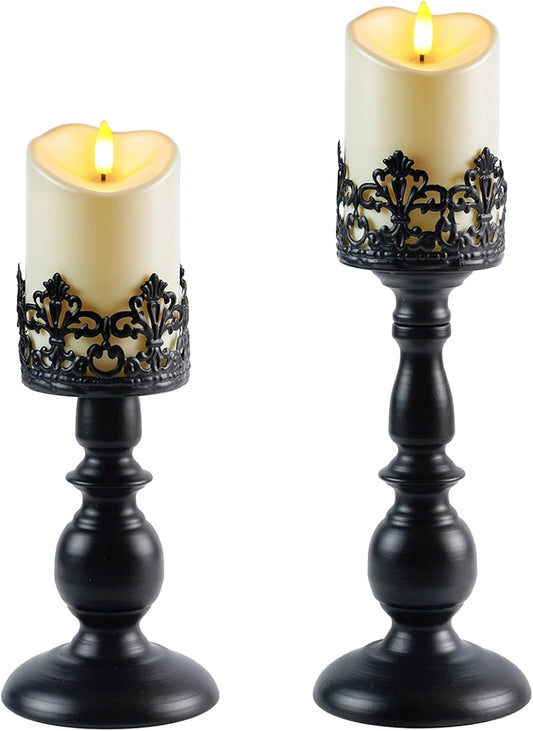 Gothic Black Pillar Candle Holders (Set of 2) – Vintage Metal Stand for Halloween Decor