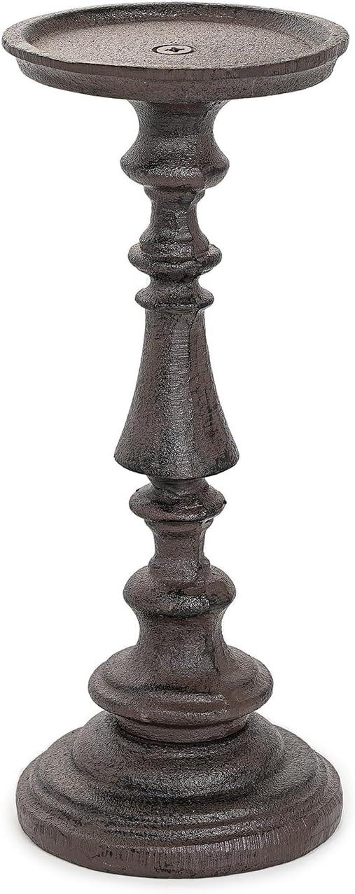 Rustic Cast Iron Pillar Candle Holder, 9.6" Tall Vintage Candlestick Holders, Table Centerpiece Metal Candle Holder, Farmhouse Candle Stand for Fireplace Shelf Home Decor