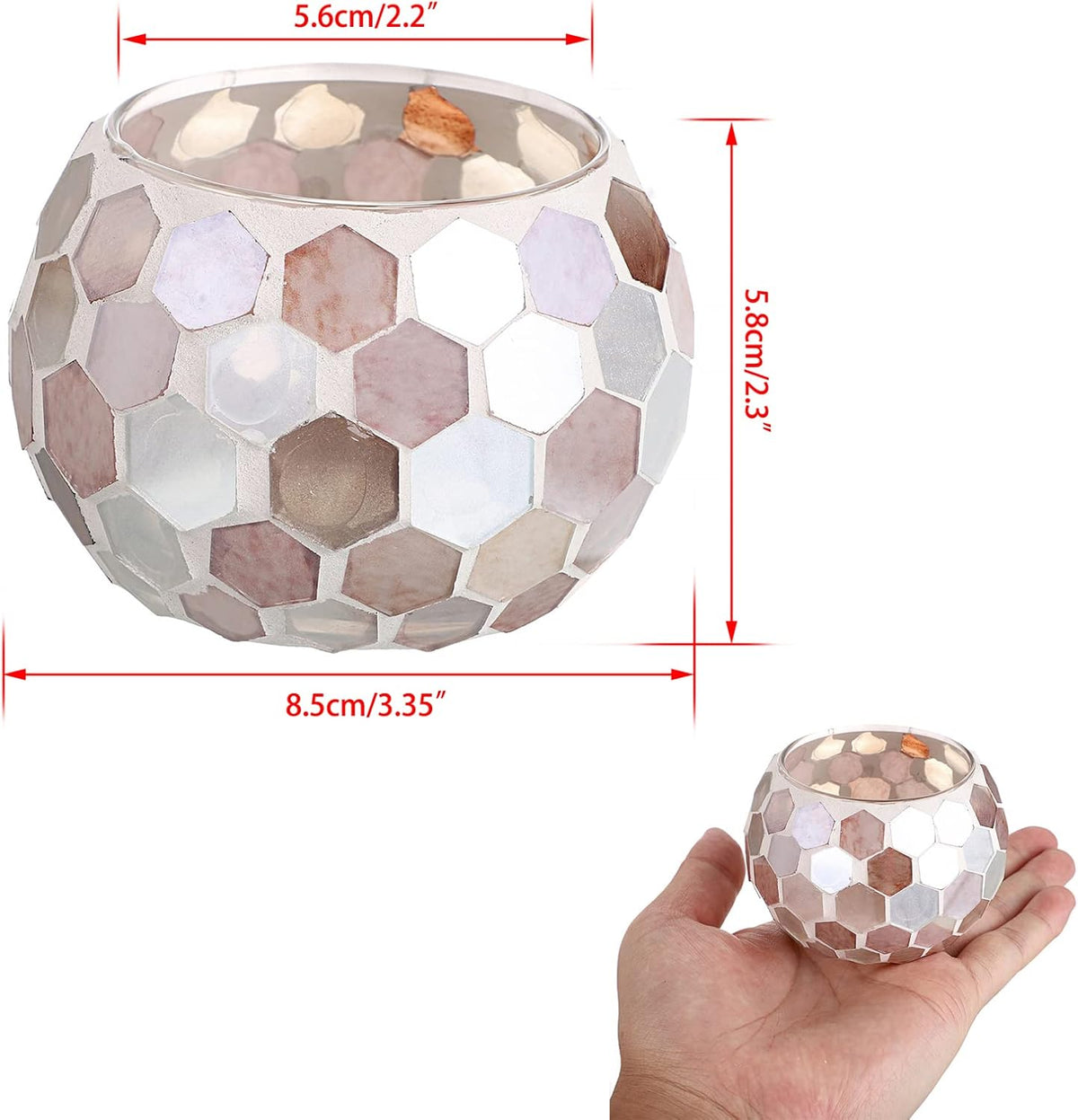 Set of 3 Mosaic Glass Tea Light Holders Round Bowl Votive Candle Holders Pillar Candle Stands, Glass Mosaic Tealight Holders Potted Plant Bowl Vase Candle Centerpiece for Dining Table Wedding