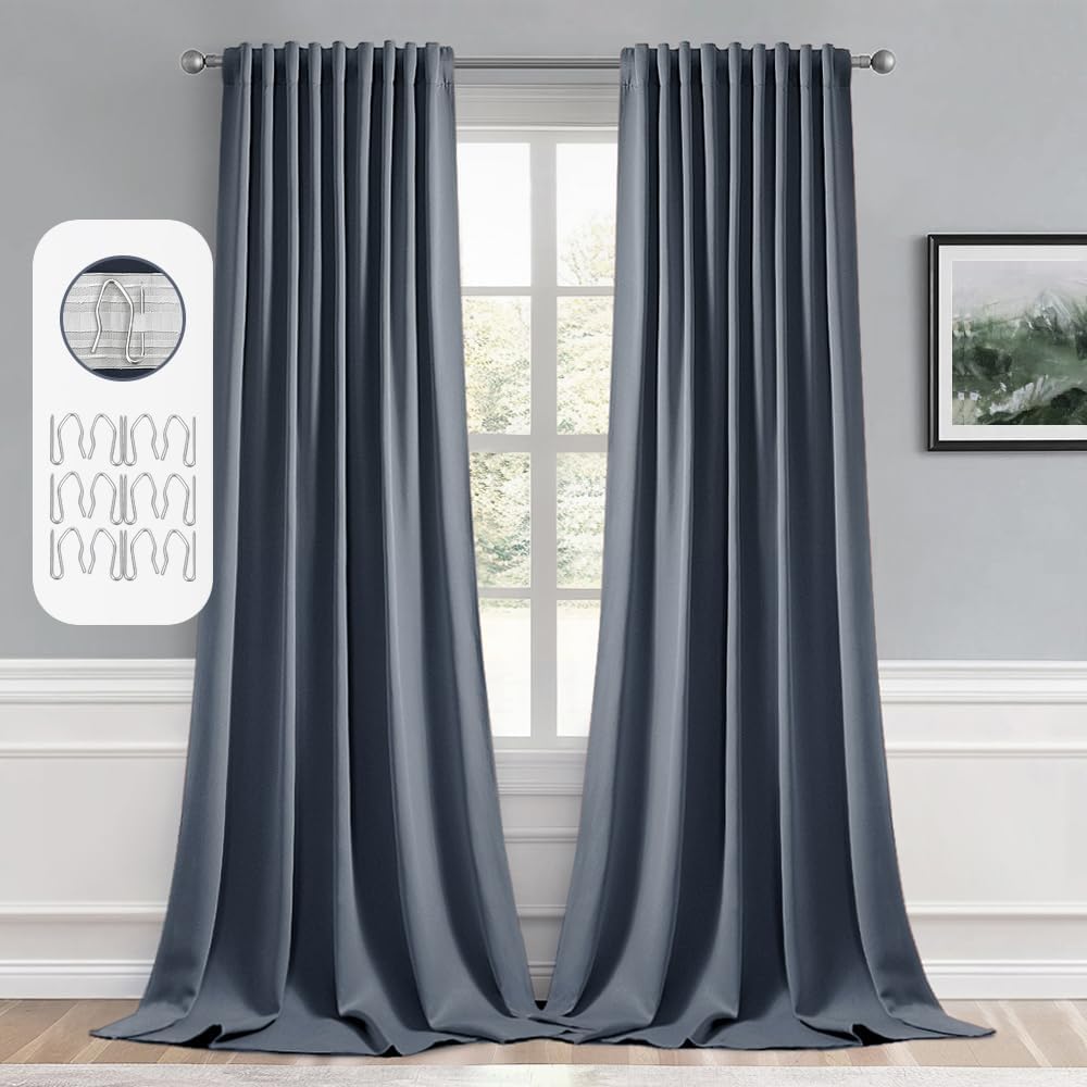 MIULEE Stone Blue Back Tab Blackout Curtains 102 Inch Long 2 Panels Set for Bedroom, Rod Pocket/Pinch Pleated Thermal Insulated Living Room Darkening Light Blocking Floor to Ceiling Drapes