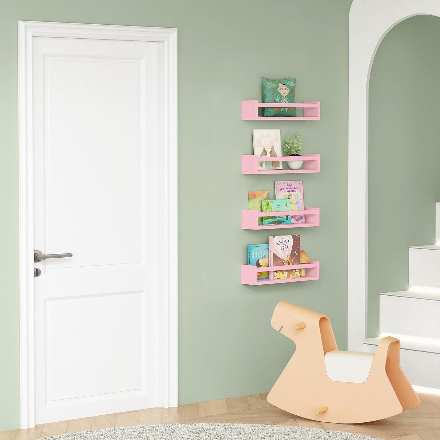 Forbena Pink Floating Shelves for Wall, Aesthetic Wall Bookshelf for Girls Room Decor, Wood Nursery Bookshelves for Toddler Kids Bedroom Book and Toy Storage Organizer (Set of 4, Pink)