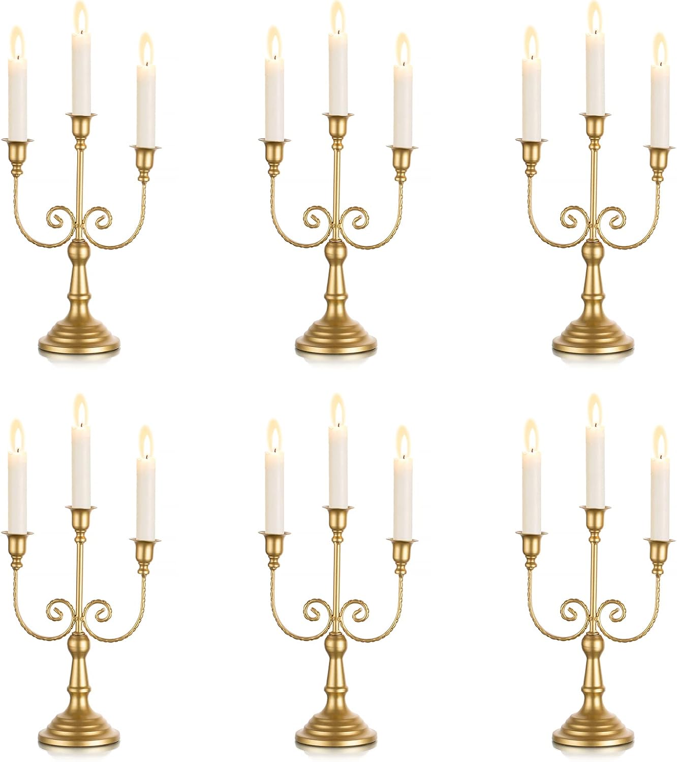 Gold Taper Candle Holder for Centerpiece - 3-arm Candlesticks Holder for Wedding Table Centerpieces Metal Candle Stick Holders for Fireplace Mantle Set of 6
