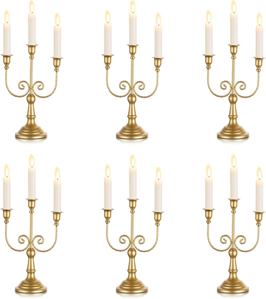 Gold Taper Candle Holder for Centerpiece - 3-arm Candlesticks Holder for Wedding Table Centerpieces Metal Candle Stick Holders for Fireplace Mantle Set of 6