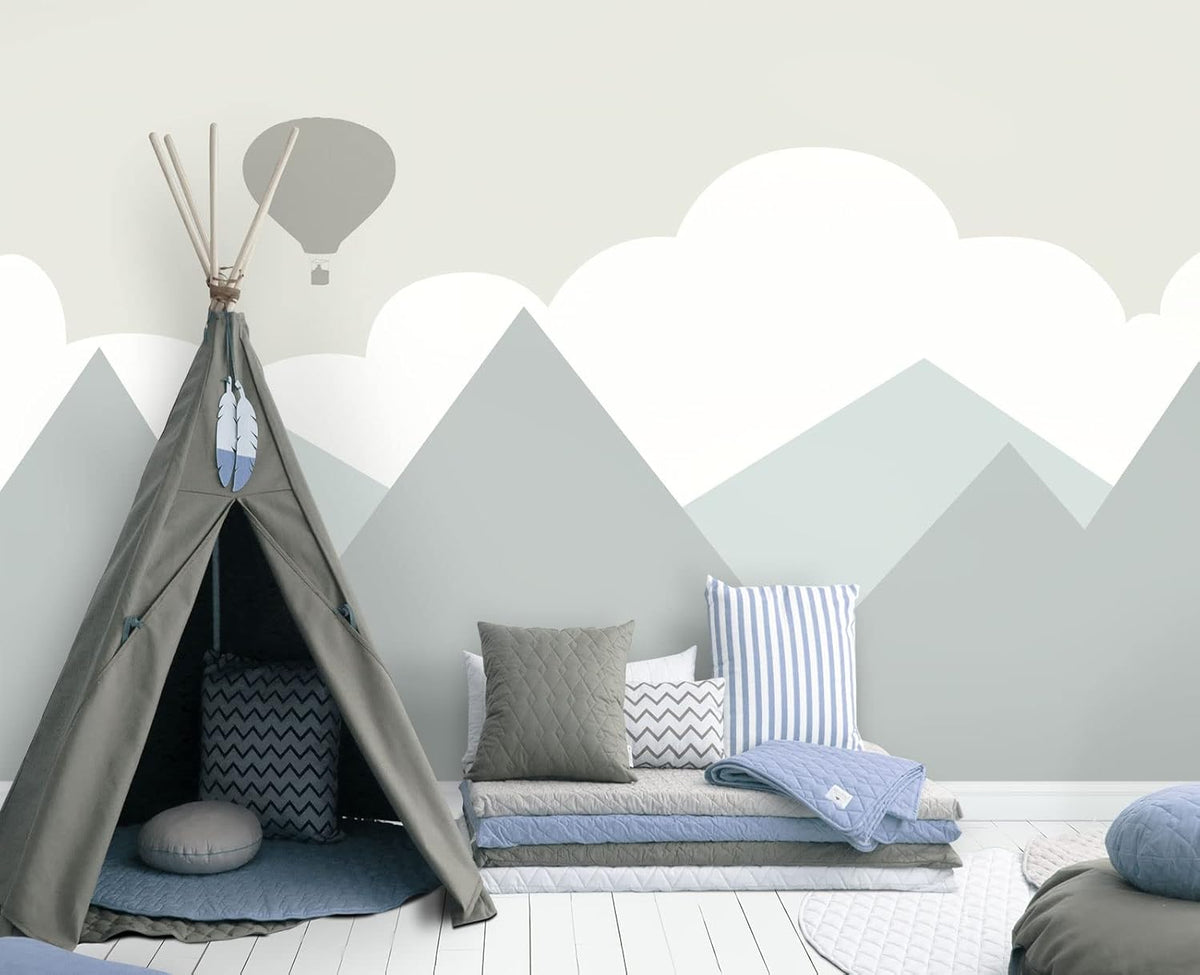 Cartoon Hot air Balloon Mountain Peak Baiyun Children's Nursery Wall Mural Wallpaper 178" x 117"