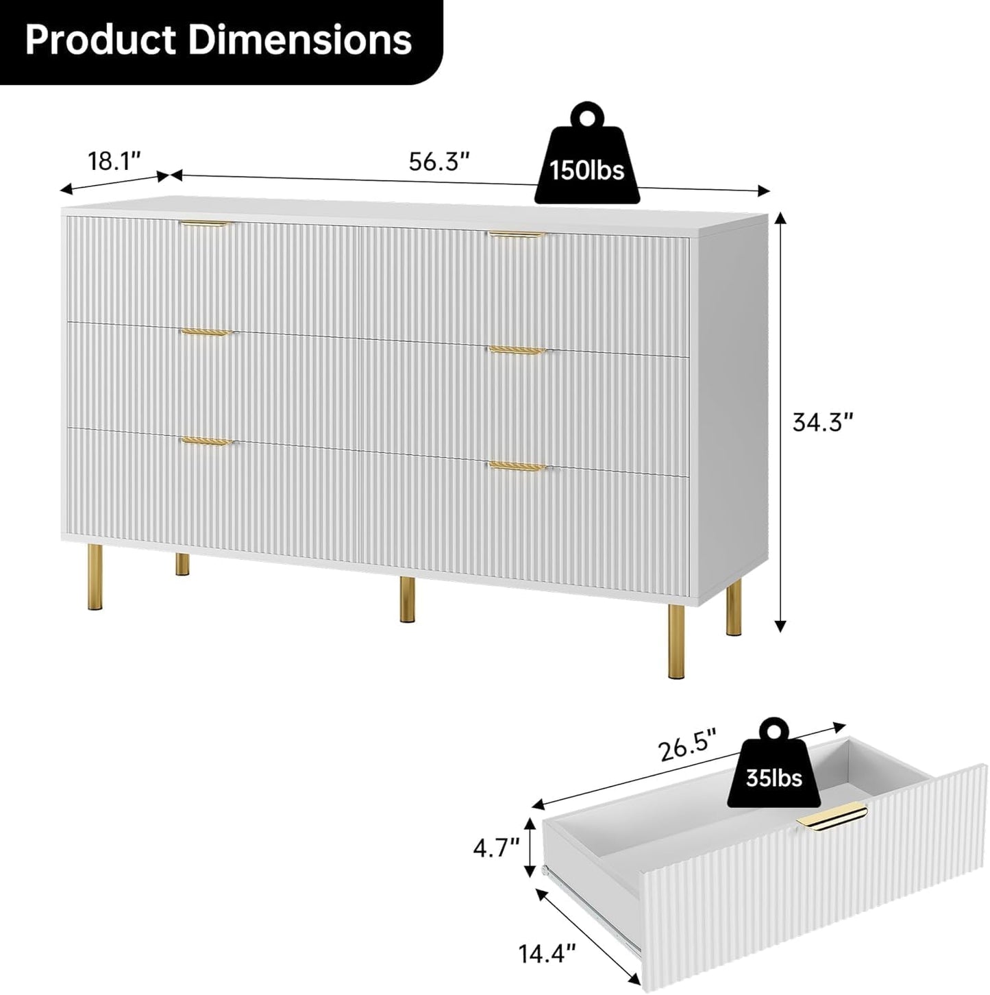 GAOMON 6 Drawer Dresser, Wood Chest of Drawers Organizer Storage with Gold Handle, Large Storage Cabinet, Modern Design Dresser for Bedroom, Living Room, Closet, Hallway, Entryway, White