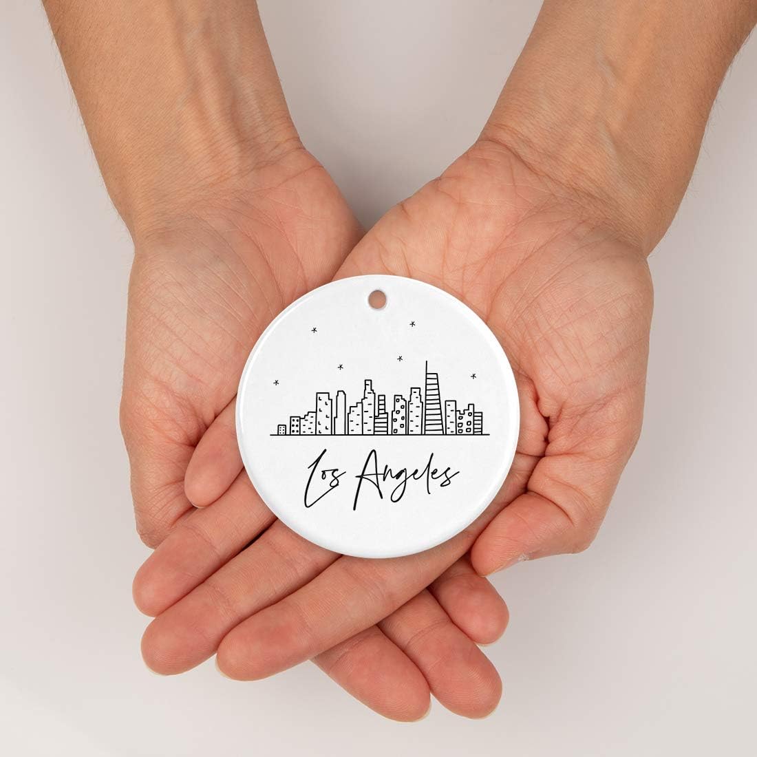 Andaz Press Round Ceramic Porcelain Christmas Tree Ornament Keepsake Gift, Los Angeles, Black and White Stars City Skyline Graphic, 1-Pack, Birthday Ideas Family Coworker Him Her, Includes Gift Box