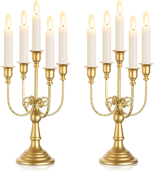 Sziqiqi Candelabra Candle Holder Gold Set of 2-5-stem Metal Candlestick Holders for Taper Candles for Centerpieces Table Wedding Birthday Fireplace Christmas Decor