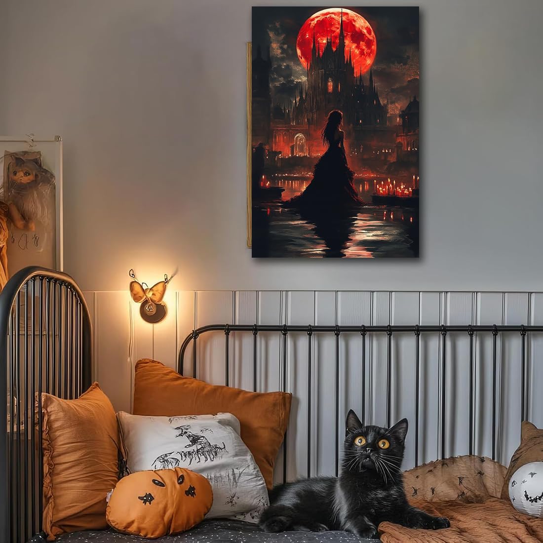 Halloween Witch Poster Canvas Prints Art Vintage Decor,Red Castle Blood Moon and Witch Scene Gothic Painting,Rustic Dark Academia Wall Art for Bathroom Spooky Living Room Wall Decor,20"x30" Unframed