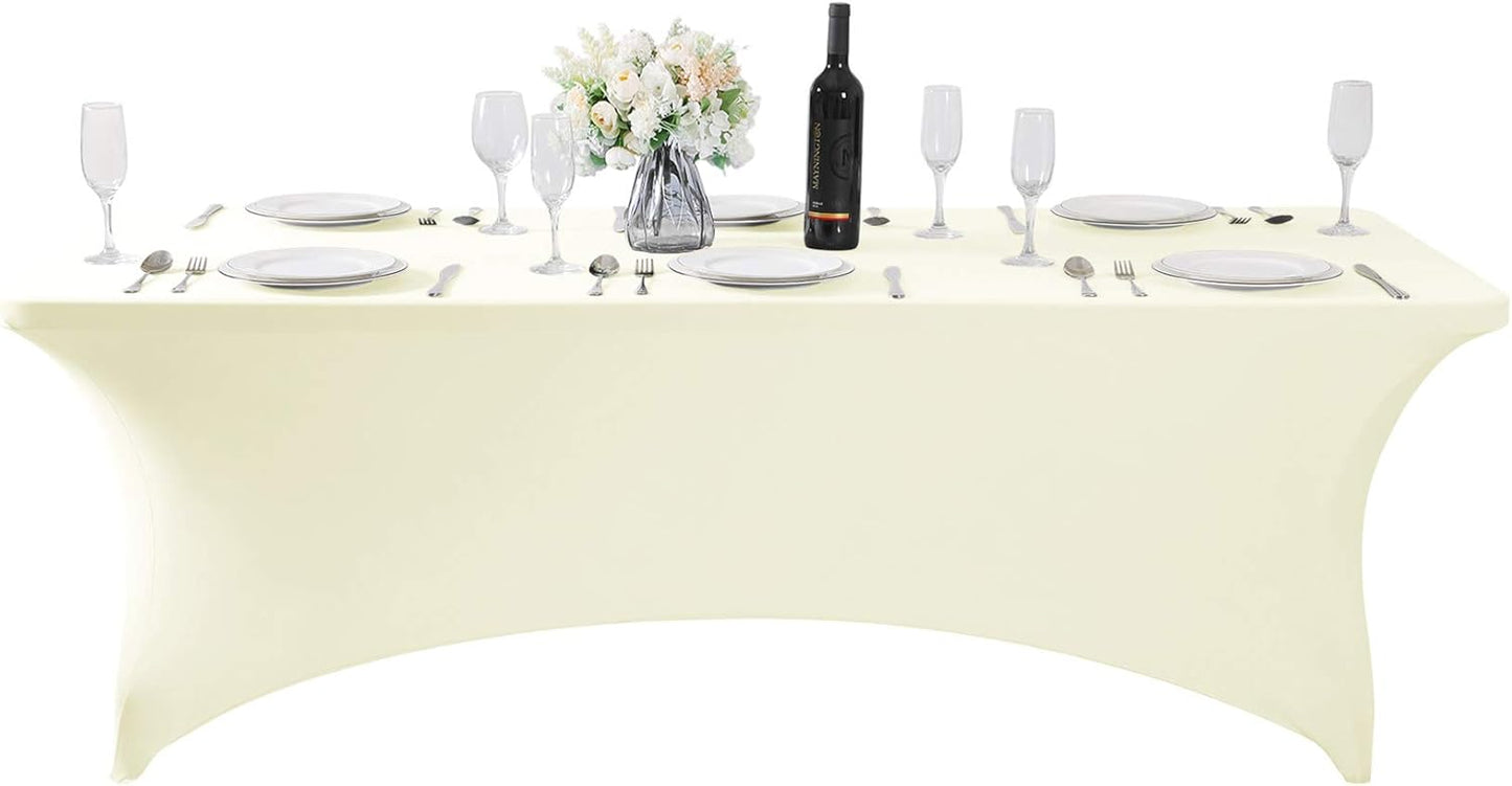 2Pack Spandex Table Cover for 8FT or 4ft or 6ft Table Universal Fitted Stretch Tablecloth for Party, Banquet, Wedding and Events-Ivory