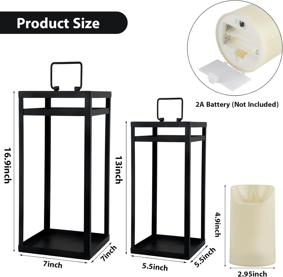 Modern Black Metal Lantern Set (2-Pack) with Flameless LED Candles
