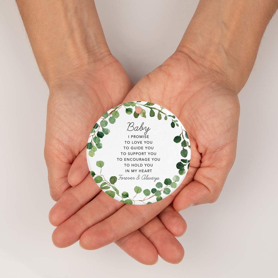 Andaz Press Round Ceramic Porcelain Christmas Tree Ornament Gift, Baby I Promise to Love You, Farmhouse Eucalyptus Wreath, 1-PackGirl's Grandchild Niece Birthday Ideas