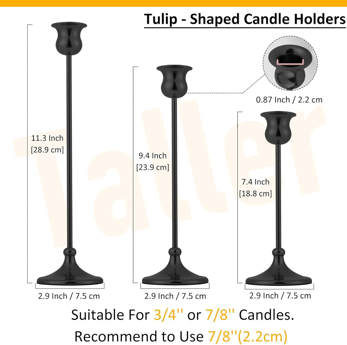 Taper Candle Holder Tall Vintage Metal Candlestick Holders Candle Stick Candelabra for Halloween Thanksgiving Christmas Holiday Wedding (Matt Black, 1 Set (3 pcs))