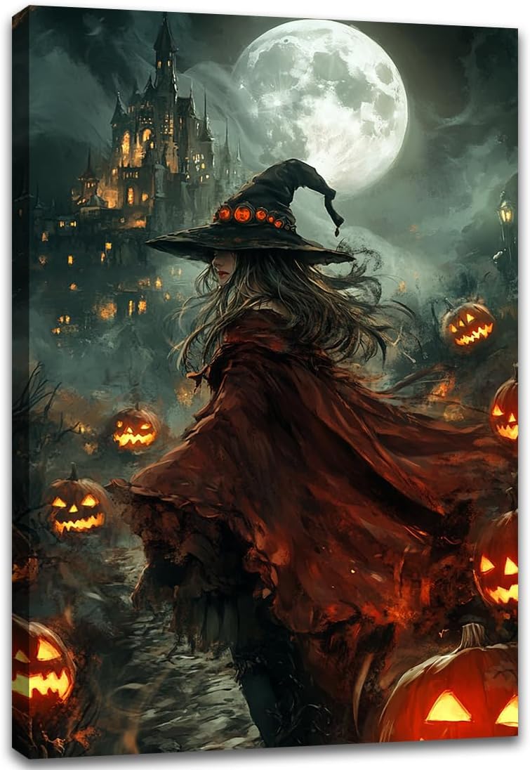 Dark and Moody Gothic Witch Poster Wall Art,Vintage Rustic Witch in Cloak with Castle Pumpkin Road Dark Gothic Poster,Goth Spooky Season Halloween Prints for Fantasy Office,20"x30" Framed
