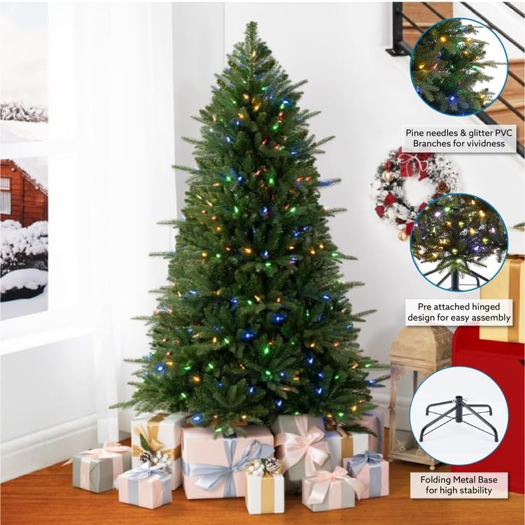 Naomi Home 4.5ft Christmas Tree with Multi-Color Lights, Realistic Fir with Colored Lights with Controller, 810 Branch Tips, 300 Colorful Lights and Metal Stand, Pre Lit Tree
