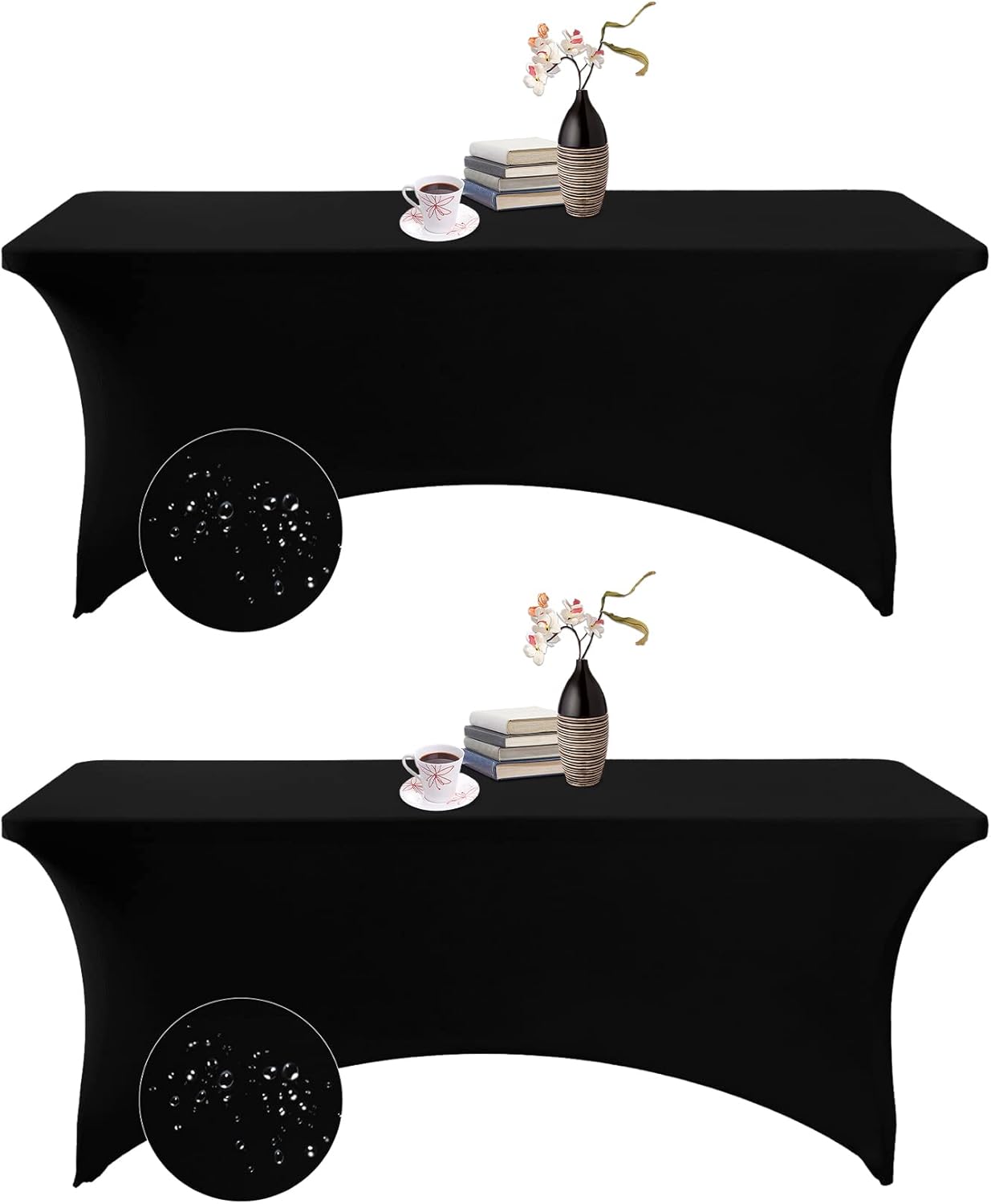 2Pack Spandex Waterproof Rectangular Table Covers, 6FT, Black, Stretchable, Stain Resistant, All-Season, Tablecloth for Party, Wedding, Banquet, Events