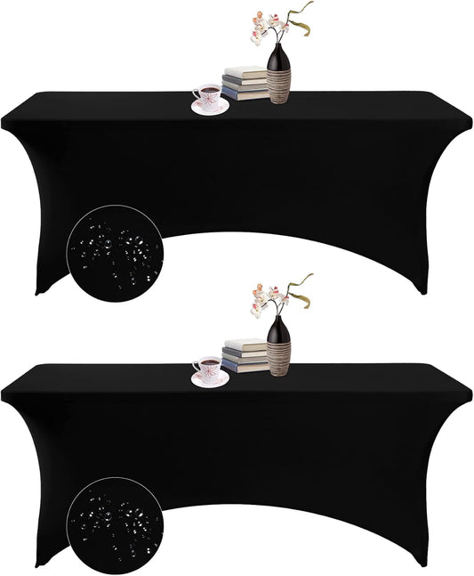 2Pack Spandex Waterproof Rectangular Table Covers, 6FT, Black, Stretchable, Stain Resistant, All-Season, Tablecloth for Party, Wedding, Banquet, Events