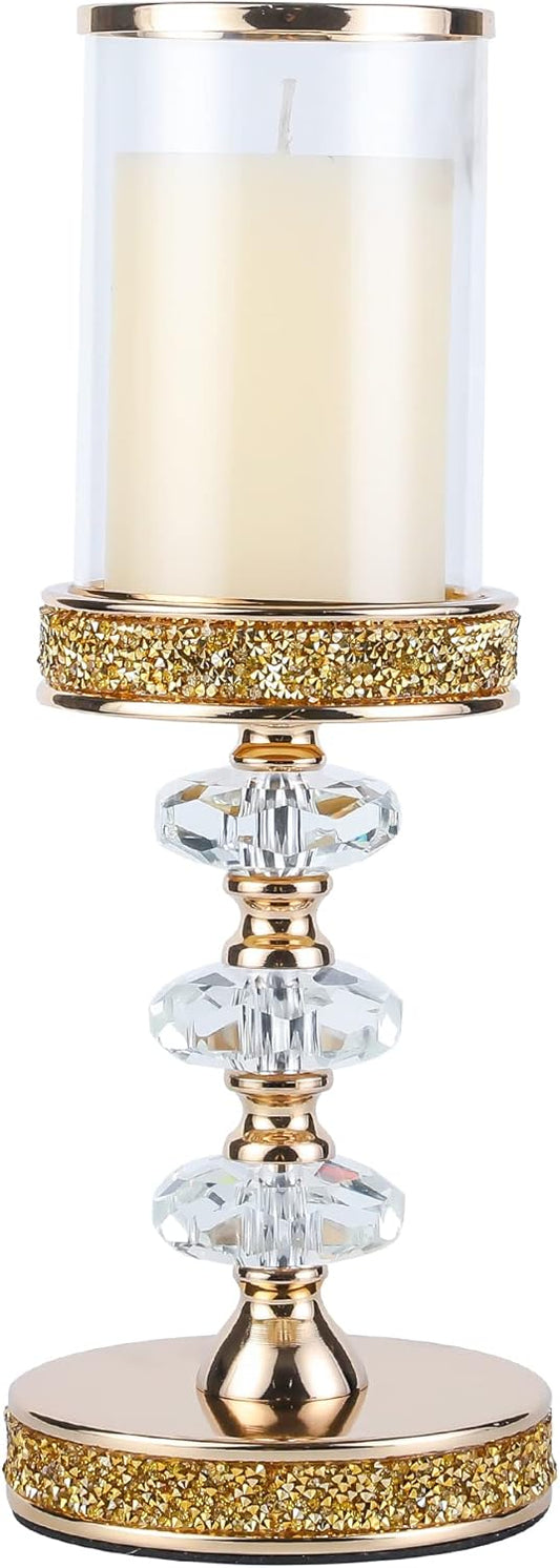 Crystal Pillar Candle Holder with Glass Shade, Gold Metal Base (L)