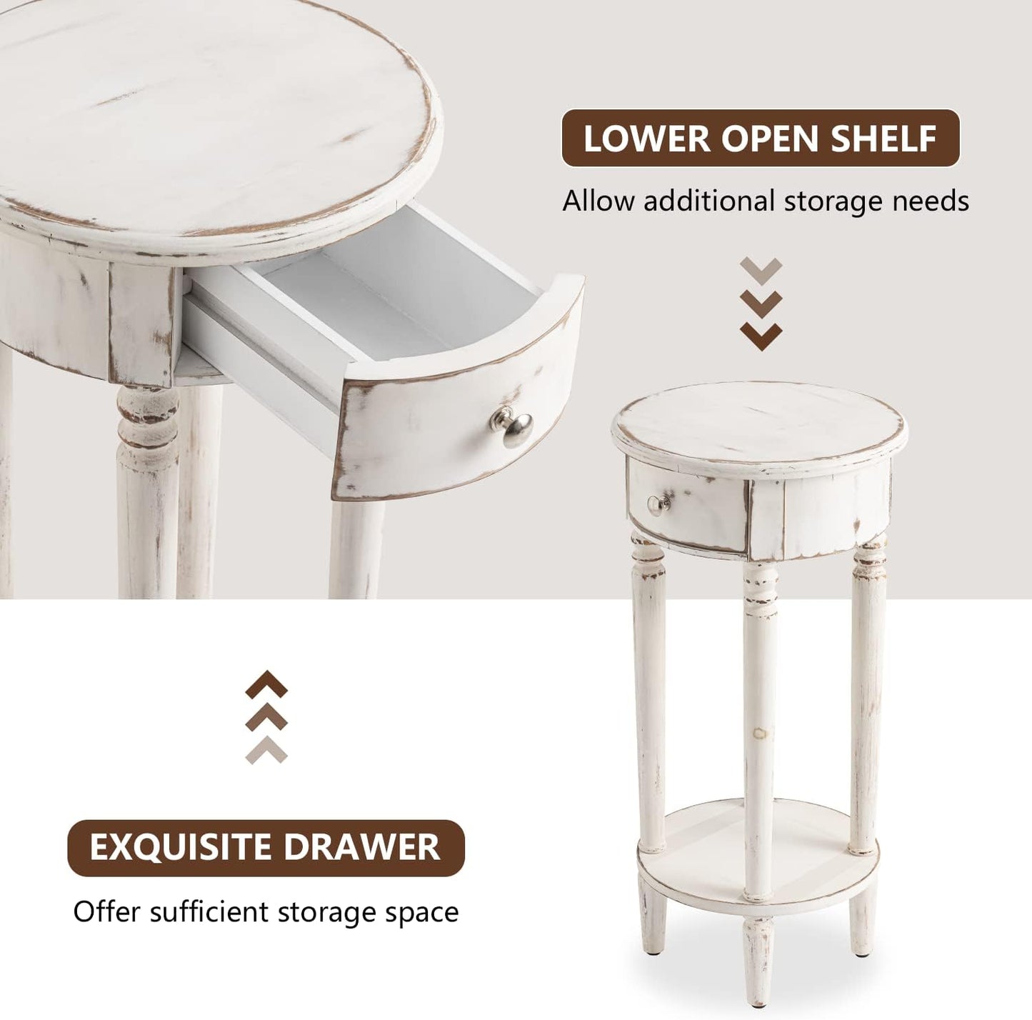 COSIEST Tall End Table with Drawer, Round Nightstand with Storage Shelf, Industrial Telephone End Table for Living Room, Bedroom, Hall Way, Space Saving Beige