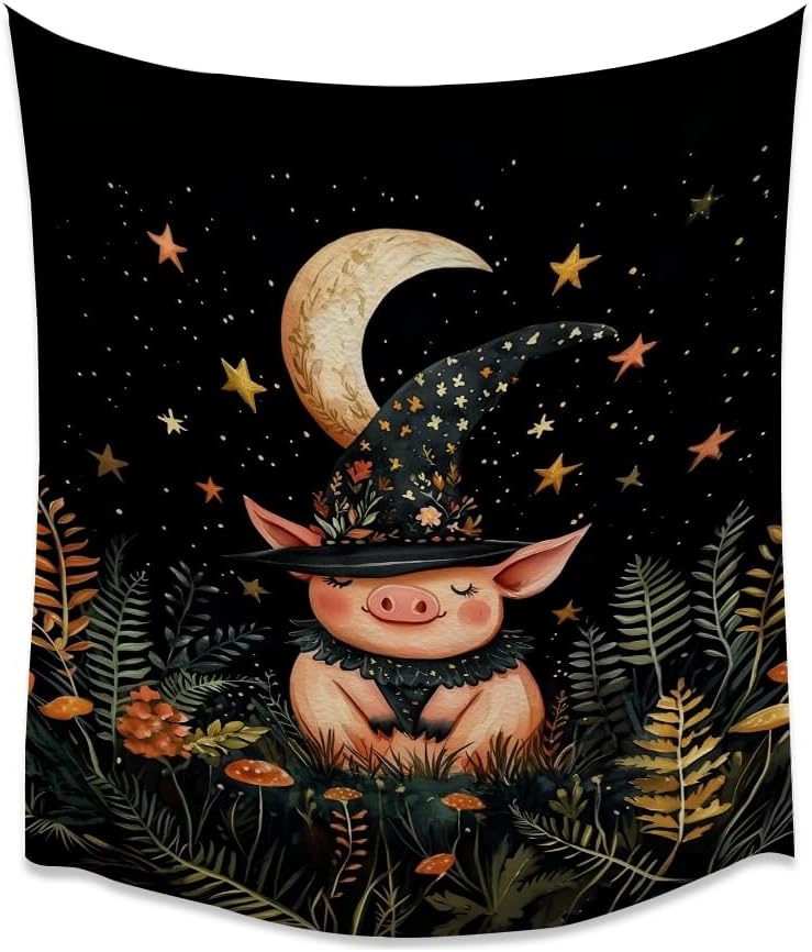 Whimsical Witch Pig Tapestry Wall Hanging Cute Farmhouse Animal Tapestry Aesthetic Moon and Stars Pictures Print Cottagecore Witchy Halloween Artwork Tapestries Decor for Living Room Bedroom 60x80inch
