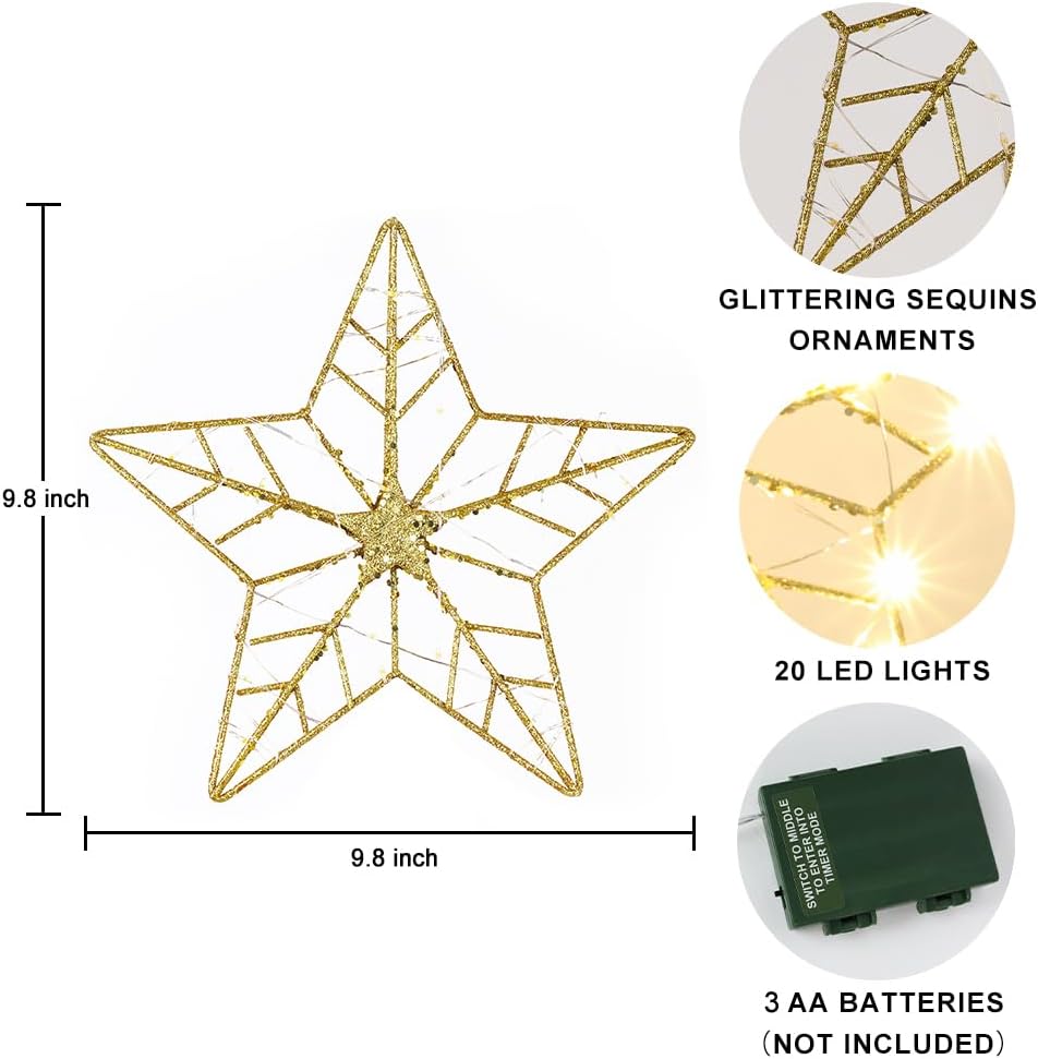 YEAHOME Christmas Tree Topper, Gold Glittered Hollow 5-Point Star Tree Topper for Christmas Tree Decorations, Lighted Wire Star with 20 LED Lights for Christmas Treetop, Xmas Tree Topper with Timer