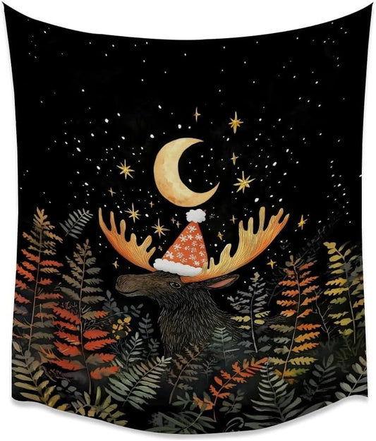 Cute Moose Tapestry Winter Christmas Aesthetic Wall Hanging Decor Funny Animal Lover Gift Whimsical Christmas Tapestries for Nursery Kids Bedroom Home Living Room Decoration 30x40inch