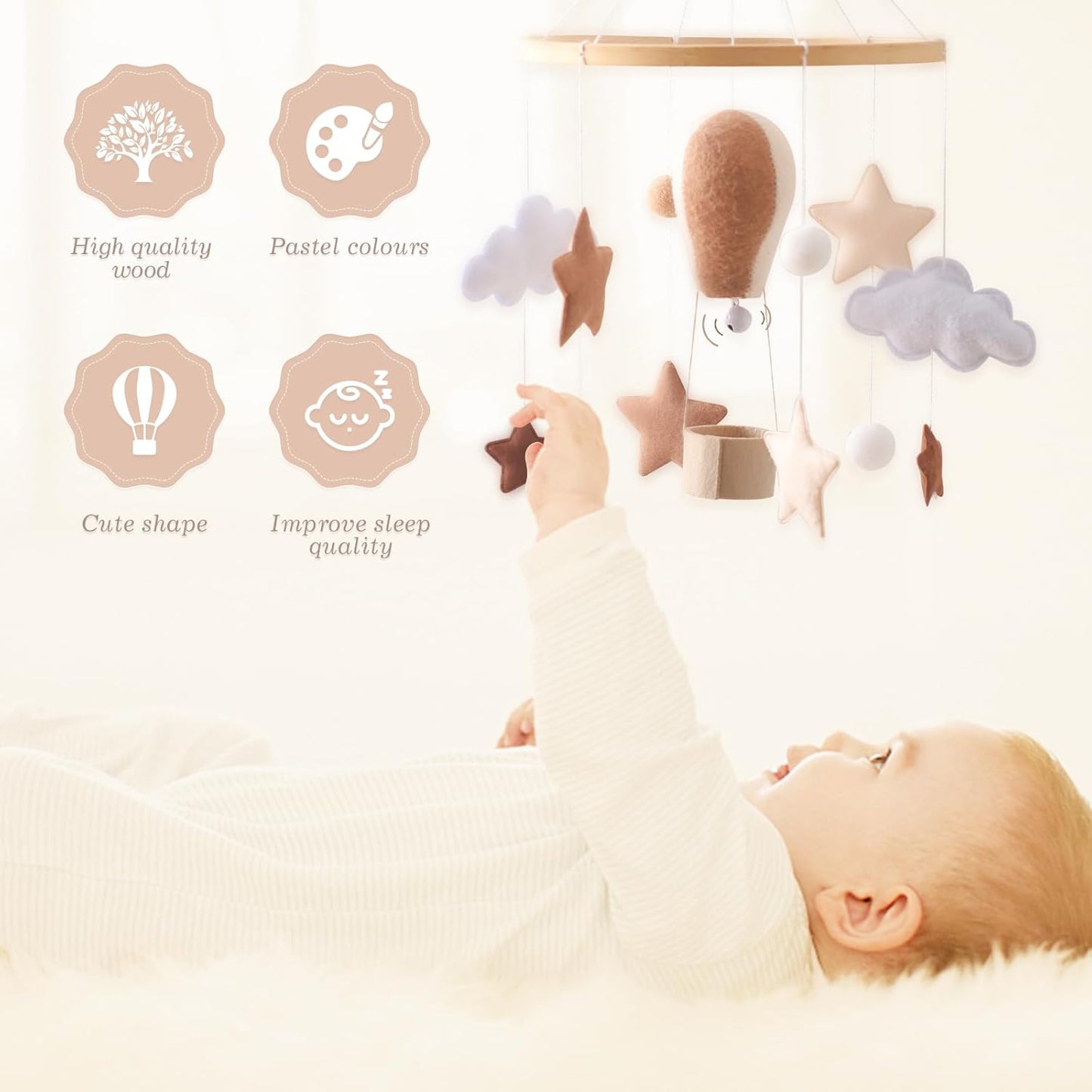 Baby Mobile for Crib, Baby Crib Mobile for Boys Girls, Baby Mobile for Bassinet, Boho Nursery Mobile, Nursery Decor Theme for Infant Bedroom Hanging, Gender Neutral Baby Gift (Hot Air Balloon)