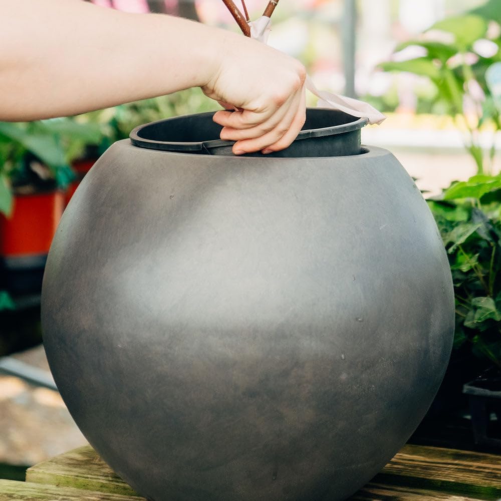 Ash & Ember Onyx 24" D Ceramic Indoor Outdoor Round Sphere Planter, Charcoal, Home Décor Evergreen Weather Resistant Modern Planter Pot, Seamless Herb & Seasonal Flower Garden Box