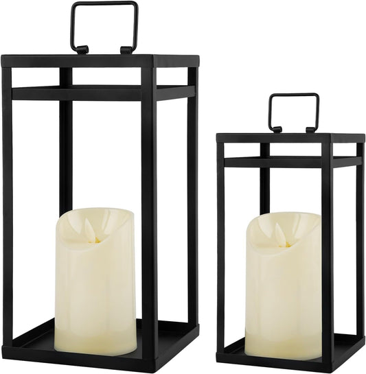 Modern Black Metal Lantern Set (2-Pack) with Flameless LED Candles