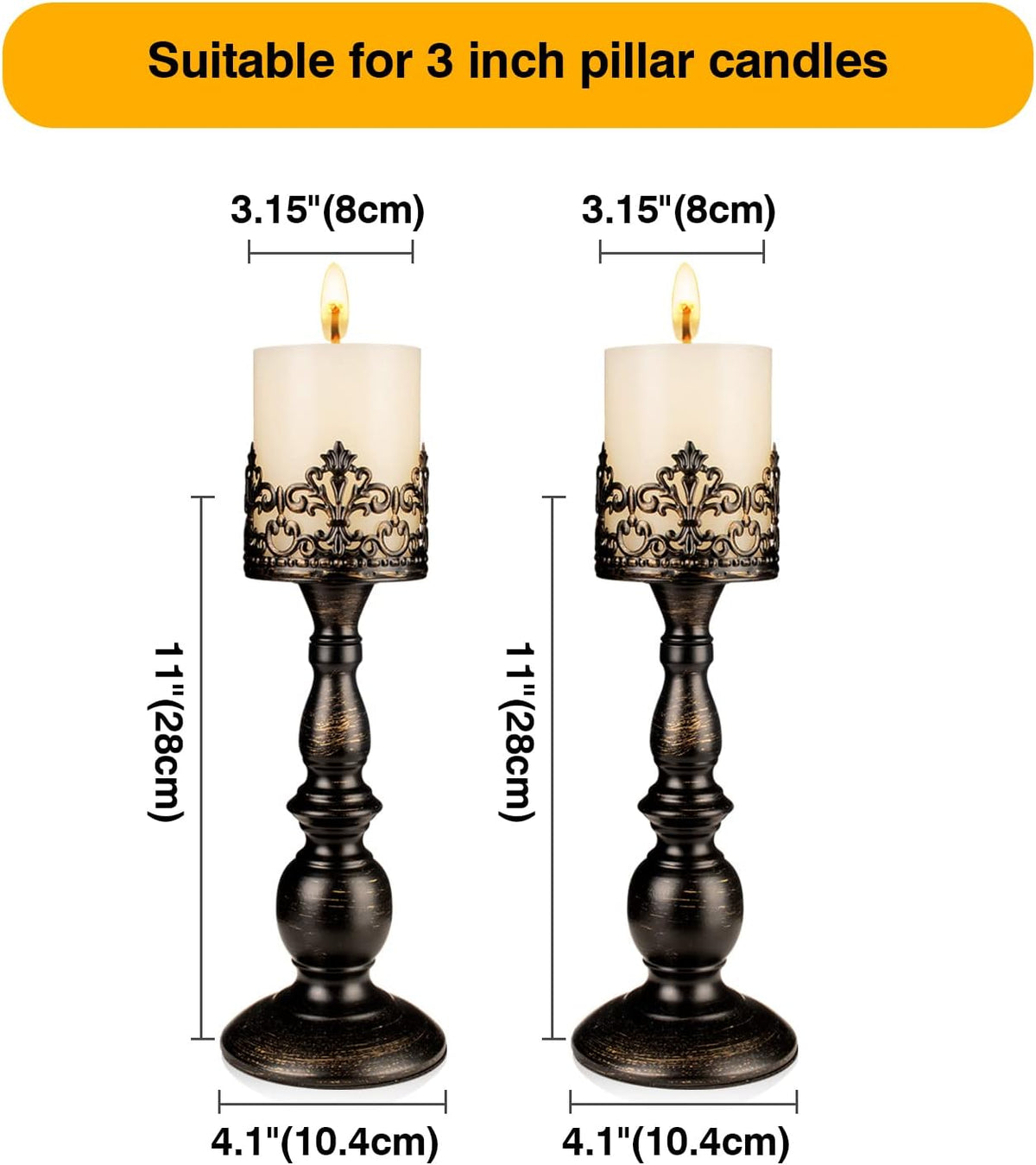 Candle Holders for Pillar Candles Gothic Matte Black Vintage Tall Candle Holders Set of 2 Decorative Large Table Centerpieces Candle Stand Decor (Distressed Black 2PCS A)