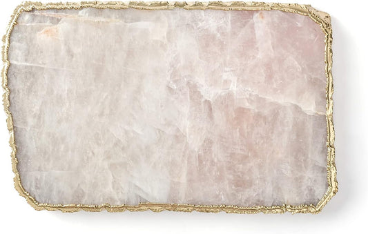 Generic Rose Quartz Cheese Serving Board Platter Tray Gold Plated Edges Decorative Agate Slab for Table Centrepiece Geode Stone Gifts For House Warming, Engagement, Wedding