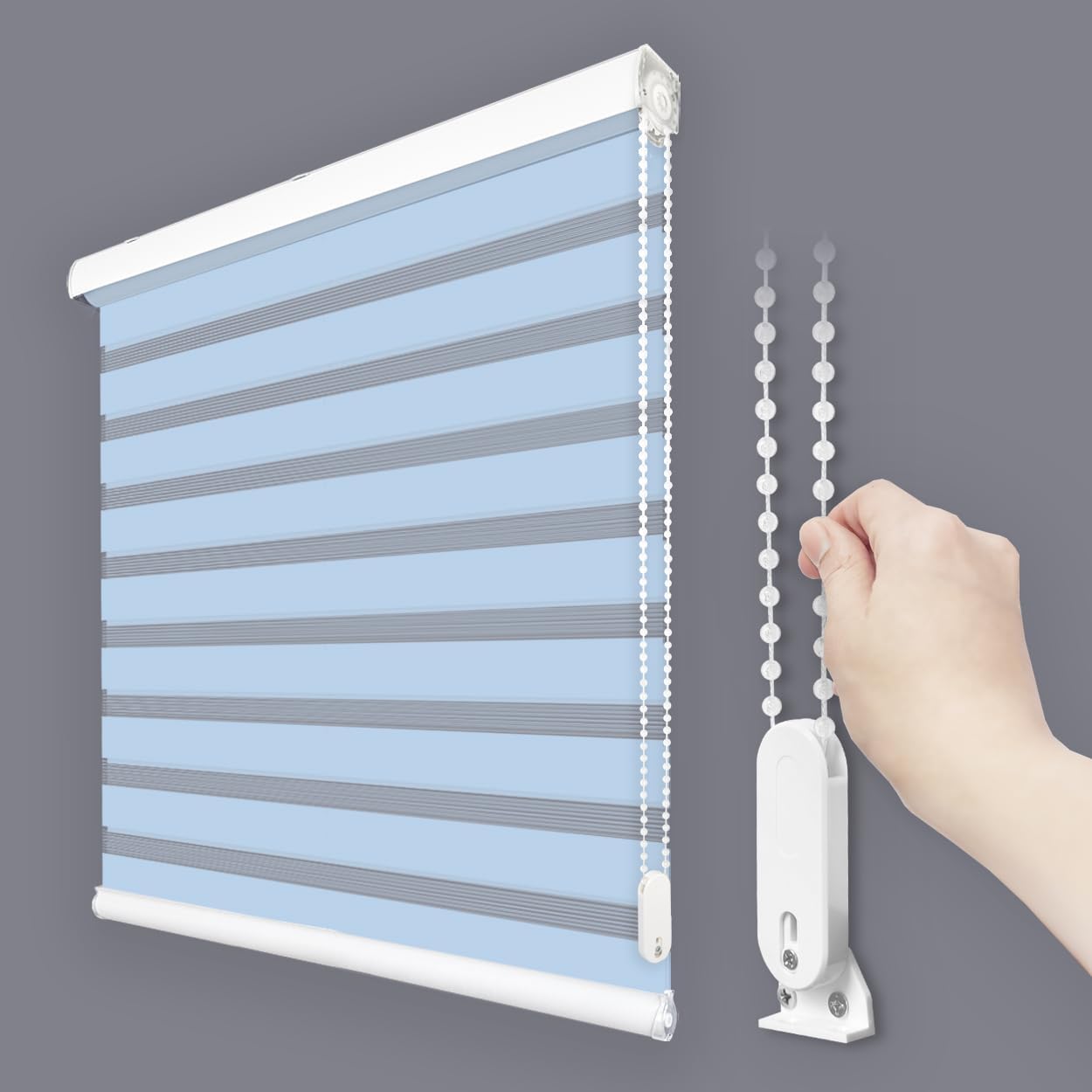 Foiresoft Standard Custom Zebra Roller Blinds for Windows [W10–105 x H10–115 Inch, Pastel_Blue, Basic], Light Filtering Dual Layer Shades for Bedroom, Living Room, Office, 13 Colors