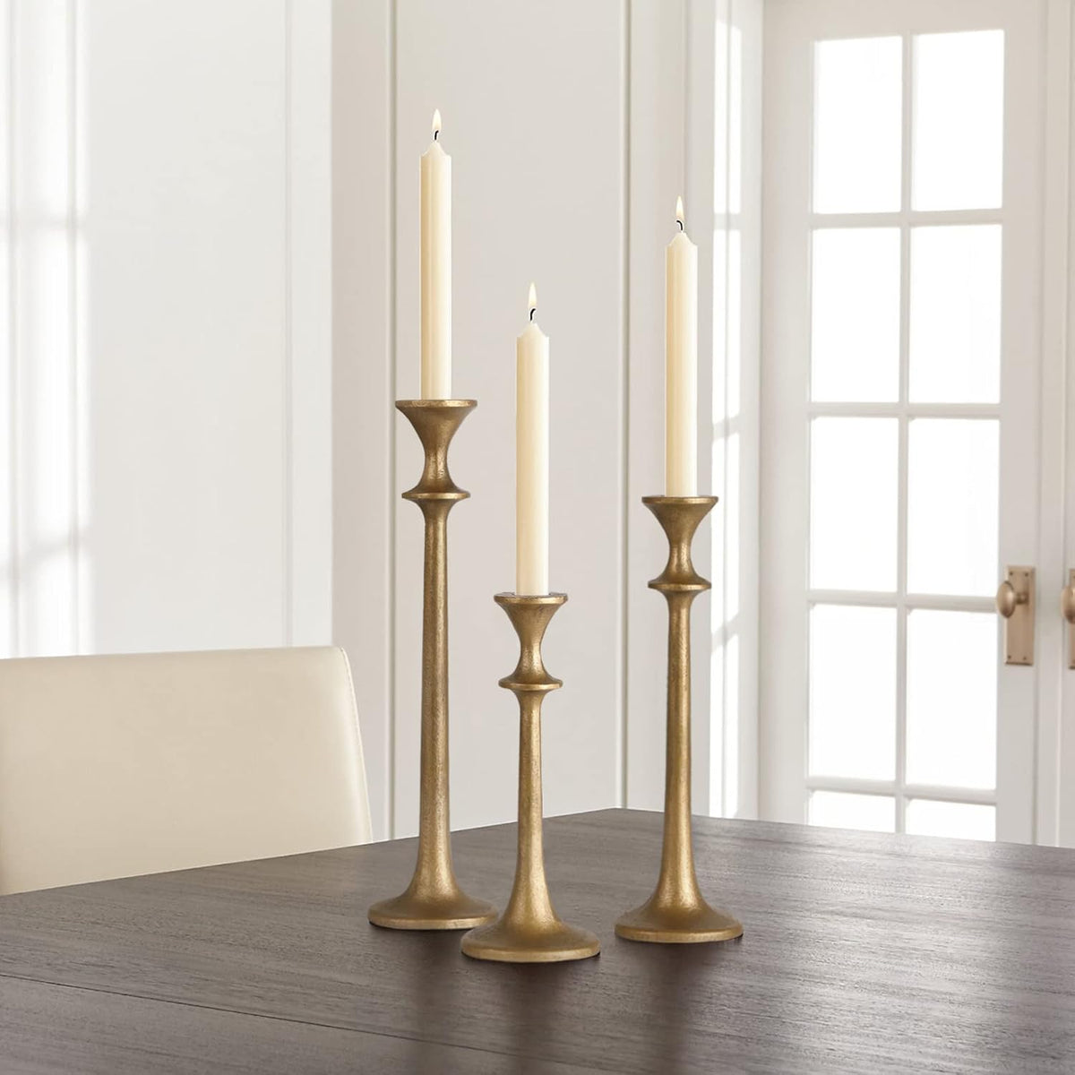 Iron Taper Candle Holder - Set of 3 Decorative Candle Stand - Candlestick Holder for Wedding, Dinning, Party - Antique Brass