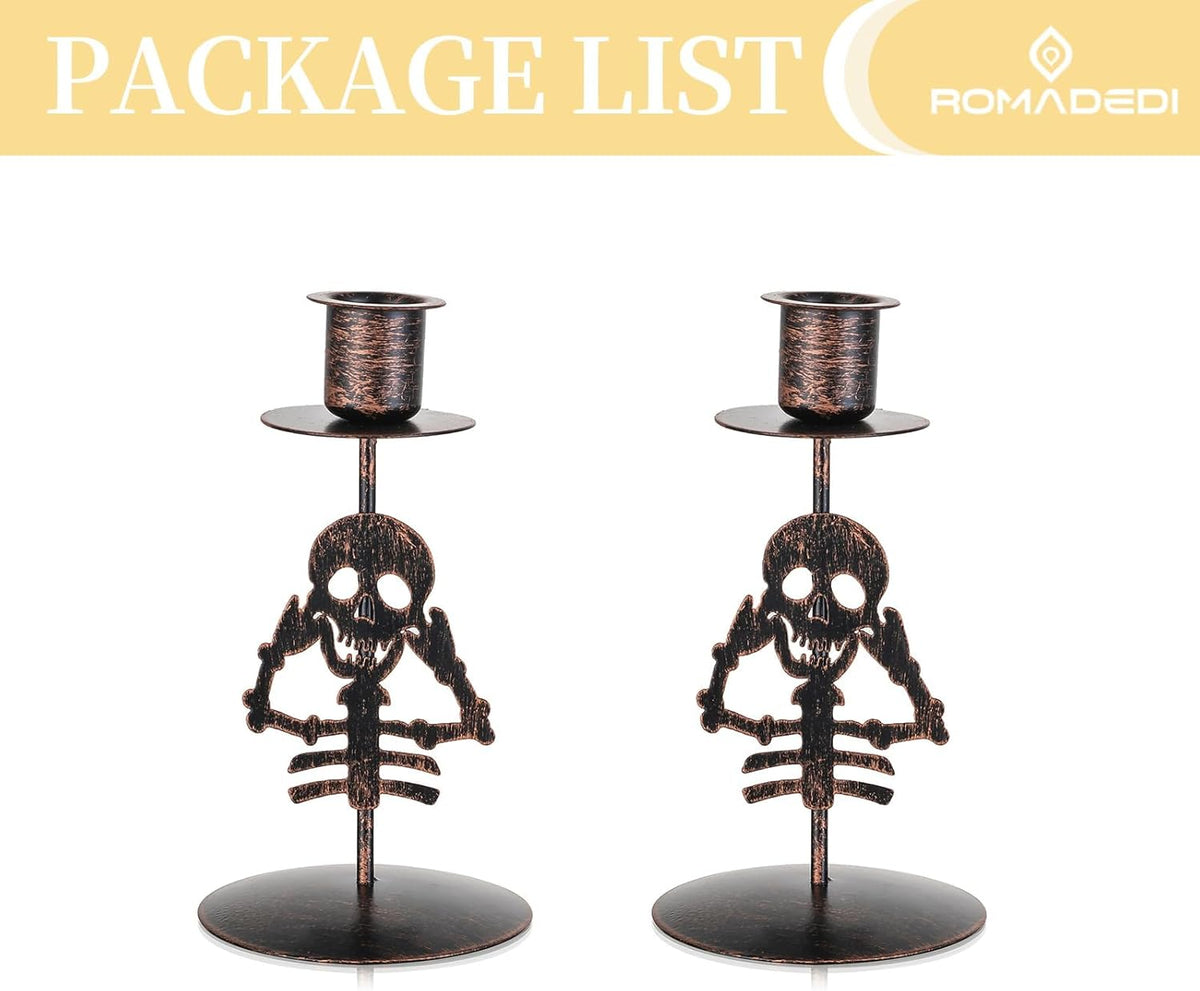 Candle Holder for Halloween Decor: Set of 2 Black Gothic Skull Taper Candlestick Table Centerpiece Decorations Spooky Party Dinning Room Home Indoor