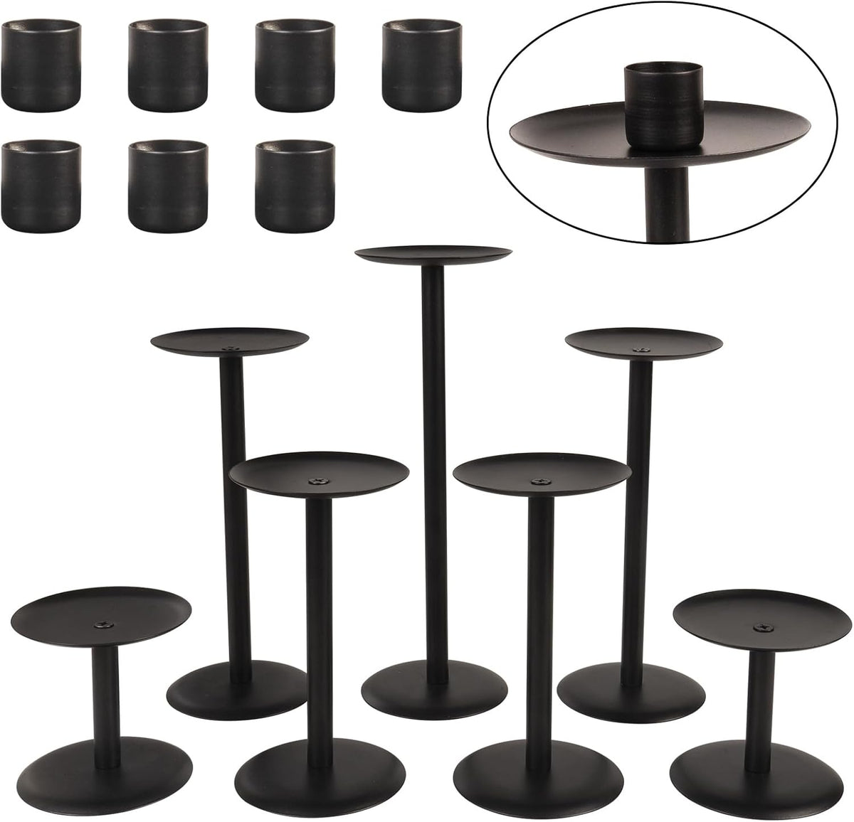 Set of 7 Metal Black Candle Holders, Assemblable Pillar and Taper Candlesticks, Halloween Fall Thanksgiving Day Dining Table Centerpieces Decor, Mantle Fireplace Candle Sticks Decorations