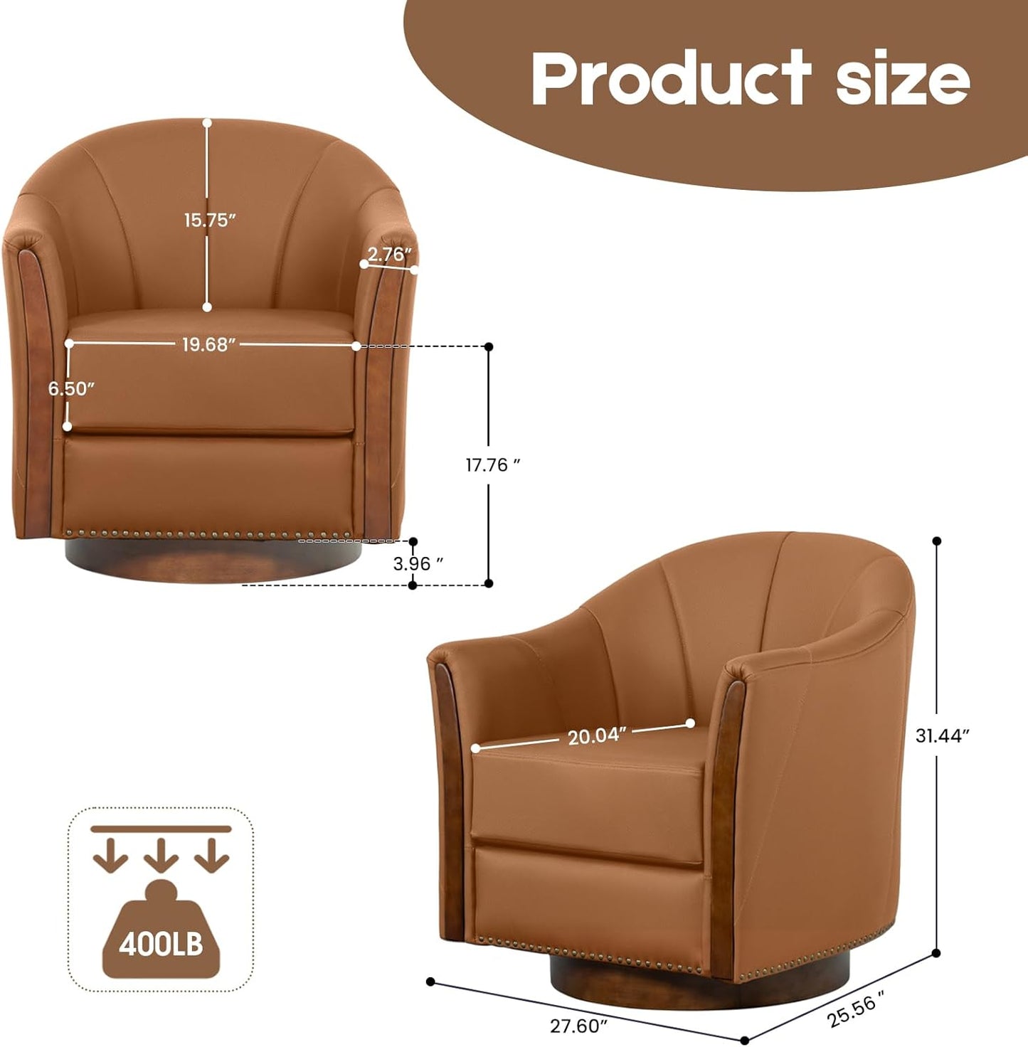 360° Swivel Accent Chair, Modern Leather Barrel Club Chair with Leather Upholstery and Sturdy Wood Base, Comfortable Armchair for Living Room, Bedroom, Reading Nook, Brown