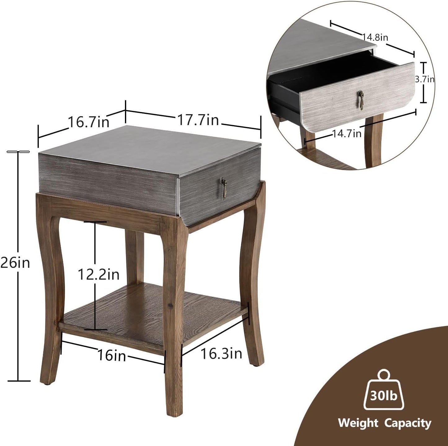 COSIEST Rustic Nightstand, 2-Tier Farmhouse Bedside Table, Wood Accent End Table with Storage Drawer and Open Display Shelf for Bedroom Nursery Living Room (Black & Silver)