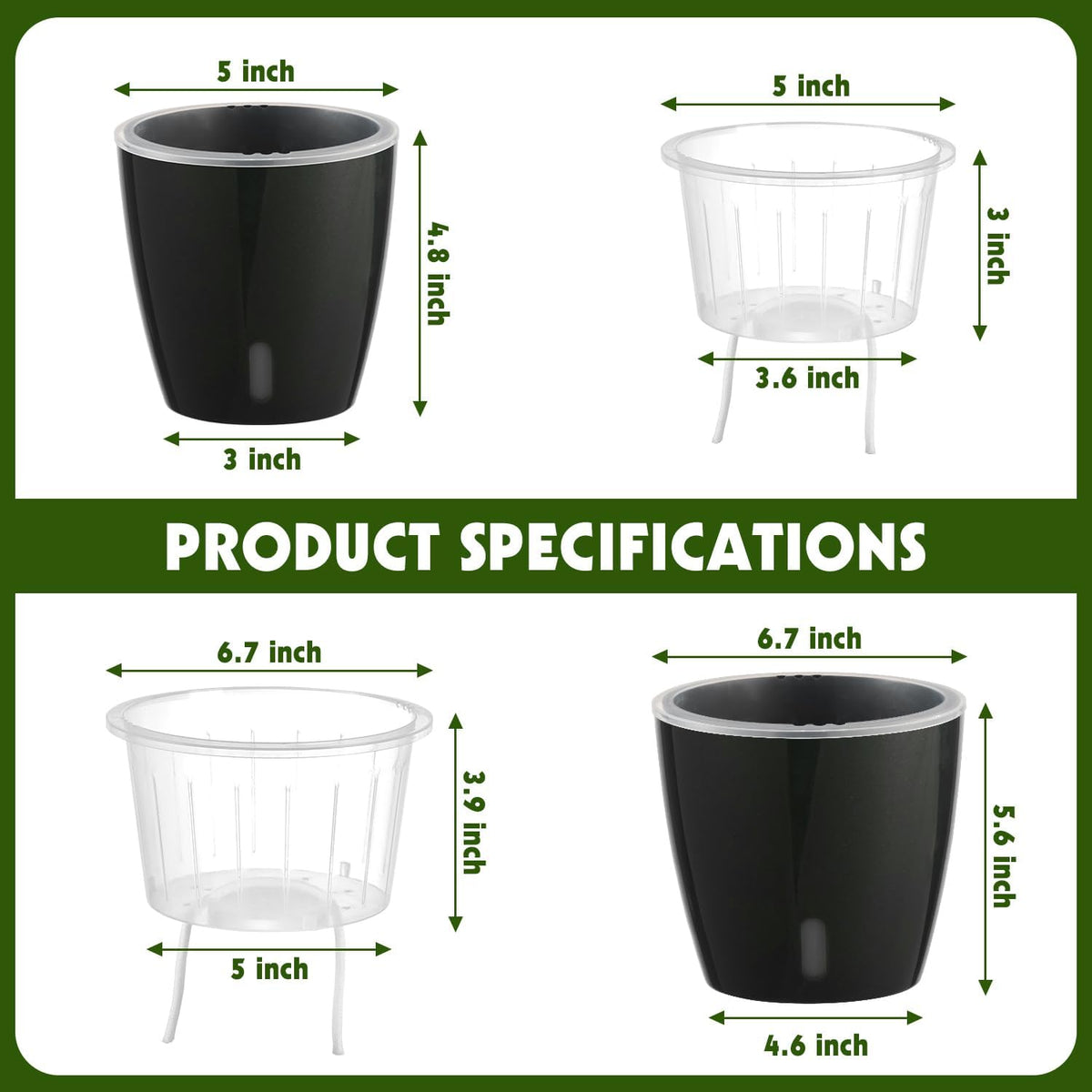 Self Watering Pots for Indoor Plants, 6-Pack 5'' Self Watering Planter with Drainage Holes, Small African Violet Pots with Water Indicator, Clear Wick Orchid Pot, Black