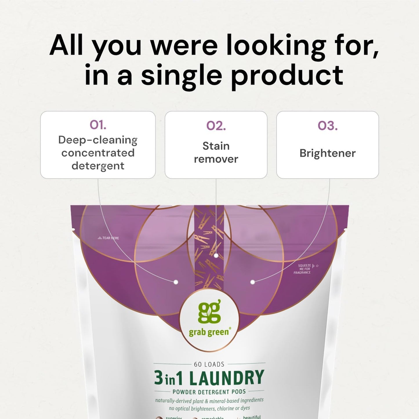 Grab Green 3-in-1 Laundry Detergent Pods, 132 Count, Vetiver Scent, Plant and Mineral Based, Superior Cleaning Power, Stain Remover, Brightens Clothes
